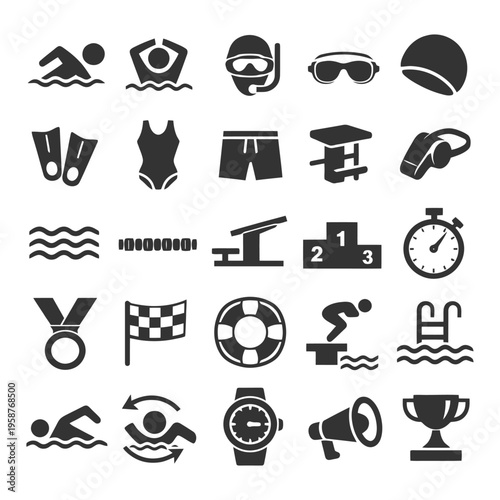 Swimming icons set: diverse equipment and activities in monochrome.