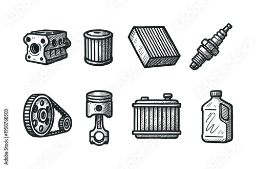 Collection of hand-drawn automotive parts icons for vehicle maintenance and repair