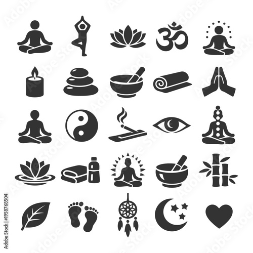 Meditation and yoga symbols collection with icons of peace and relaxation.