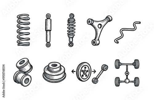 Collection of hand-drawn automotive suspension and chassis components in sketch style