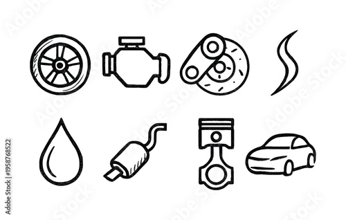 Collection of automotive icons including car parts and symbols for maintenance