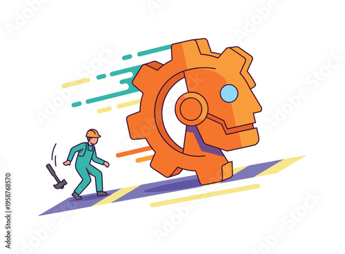 Worker with hammer chases giant robot head gear in cartoon style