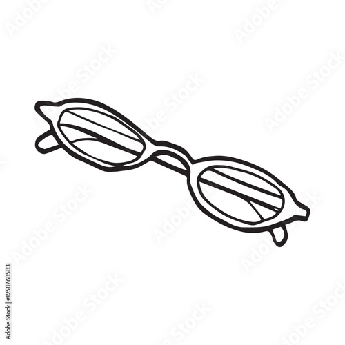 Hand drawn vintage oval sunglasses sketch illustration. Retro eyewear doodle, bold black outline on white. Fashion accessory drawing for summer, lifestyle and branding design.
