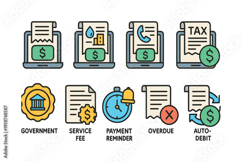 Collection of financial icons representing payments, taxes, and bills online