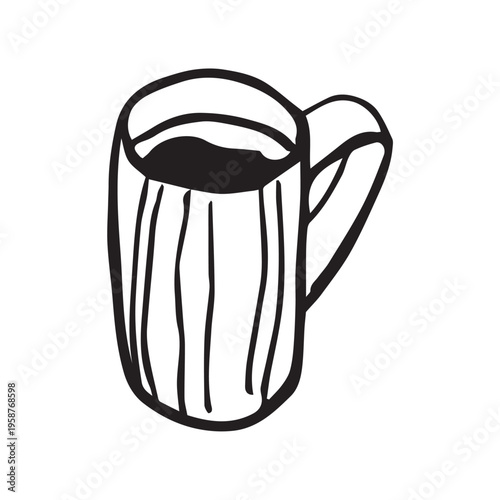Hand drawn large mug with foam sketch illustration. Coffee mug or beer mug doodle, bold black outline on white. Cafes, pub and brewery concept for menu and branding.