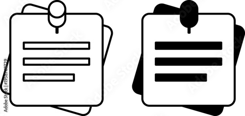 Note Icons. Line and Glyph Vector Icons. Brief Message on a Sheet of Paper. Sticker Attached with a Push Pin. Writing Concept