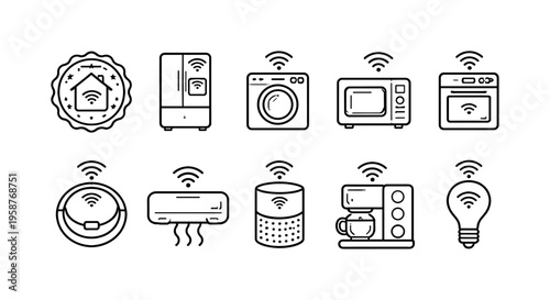 Collection of smart home appliance icons with Wi-Fi signals