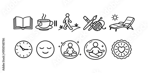 Collection of simple icons representing personal time and relaxation activities