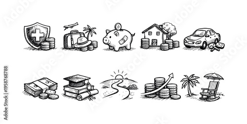 Collection of hand-drawn icons representing various financial goals and savings