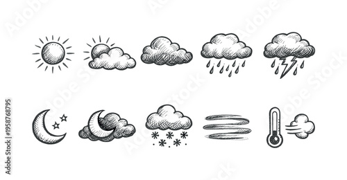 Hand-drawn weather icons collection featuring sun, clouds, rain, snow, and wind