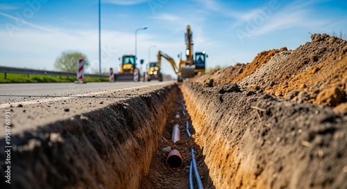 Road construction site with machinery and deep trench for infrastructure. Excavation work involves heavy equipment digging and preparing for utilities installation.