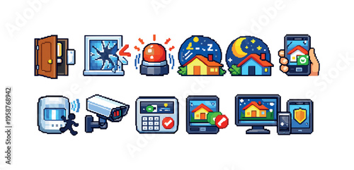 Pixel art security icons collection for home protection and surveillance systems