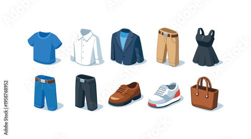 Collection of isometric clothing and accessory icons for diverse fashion styles