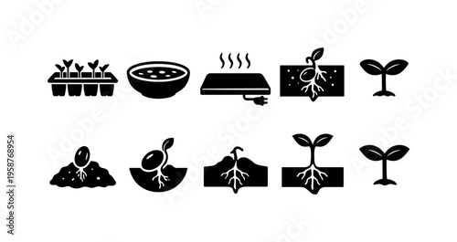 Creative seed planting icon set for gardening and agriculture projects