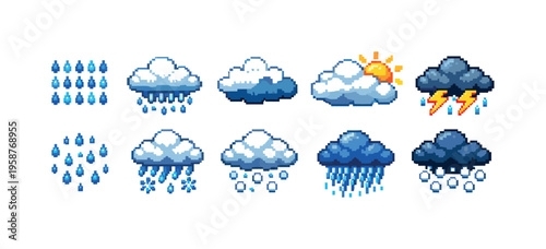Pixel art weather icons showing rain, snow, sun, and thunderstorms