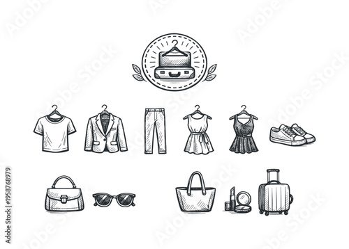 Hand-drawn icons representing a capsule wardrobe and travel essentials for packing