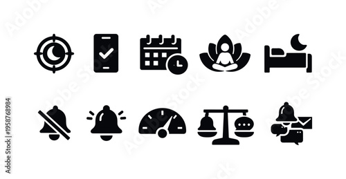 Collection of modern icons representing focus, notifications, time management, and well-being
