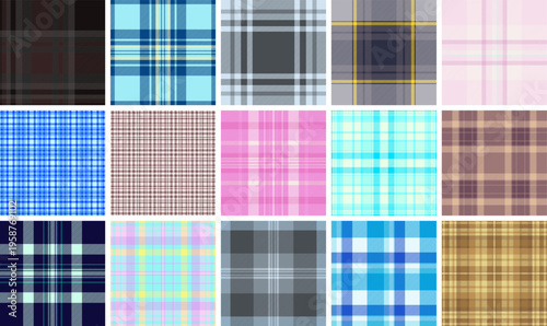 Plaid pattern pack for printable modern fashion templates. Suitable for e-commerce mockups, line sheets, and product presentations. Seamless vectors maintain alignment.