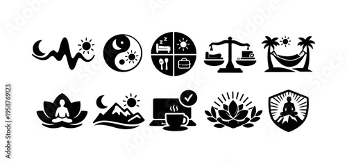 Collection of icons representing work-life balance, wellness, and productivity concepts
