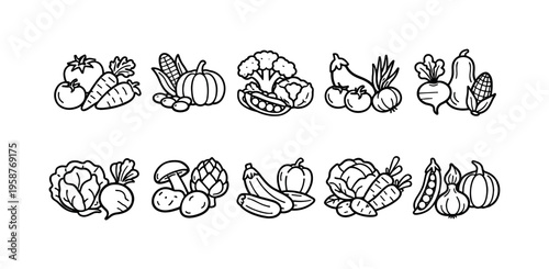 Collection of simple line art icons representing various fresh vegetables and produce