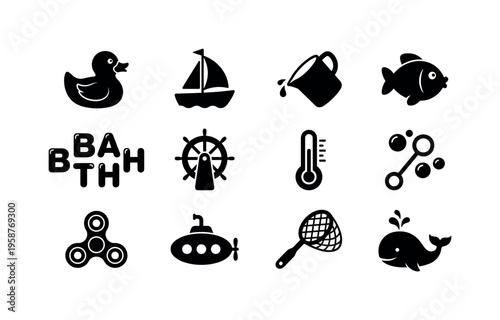Collection of black icons related to bath time and nautical themes