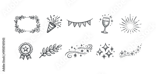 Collection of hand-drawn festive and celebratory doodle icons on a white background