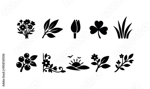 Collection of simple black nature icons including flowers, leaves, and sunrise