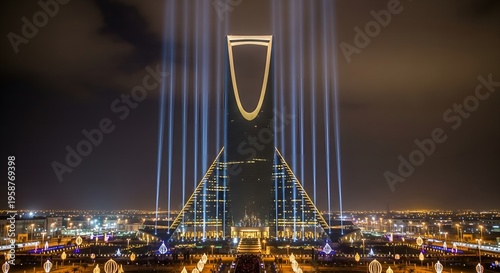 Kingdom Centre shooting light beams into the night sky during an event in Riyadh