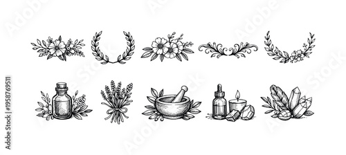 Hand-drawn floral and wellness elements for decorative designs and branding