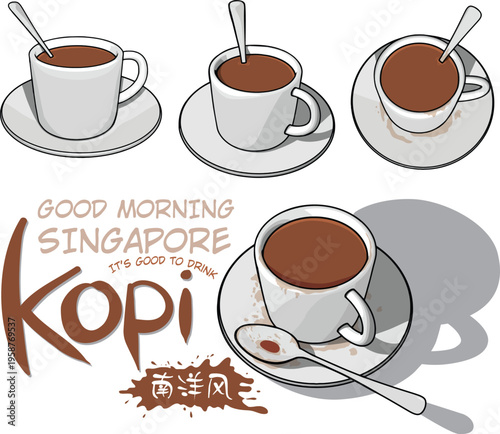 Cups of Kopi in Nanyang style, isolated on a white background. The rich aroma of kopi is a delightful part of Singapore's cultural heritage. Kopi in Malay means coffee.