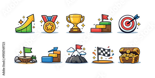 Collection of cartoon icons representing success, goals, and achievements