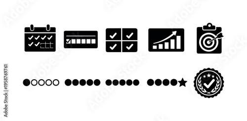 Collection of icons representing goals, progress, and achievements for business planning