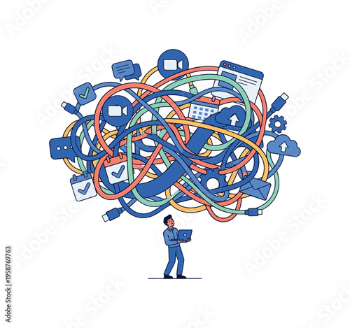 Man overwhelmed by tangled digital connections and online services