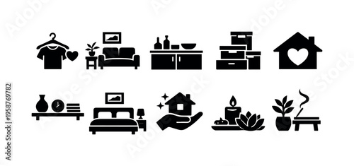 Collection of minimalist icons representing home comfort and lifestyle elements