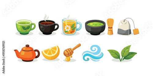 Collection of colorful tea icons including cups, teapot, lemon, honey, and leaves