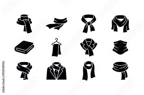 Collection of black scarf icons showcasing various tying and wearing styles