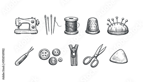 Collection of hand-drawn sewing tools and notions for crafting and tailoring