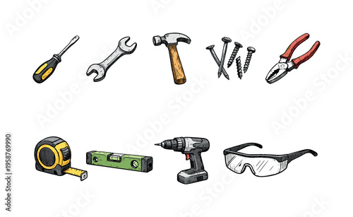Collection of essential home repair and DIY tools, hand-drawn style