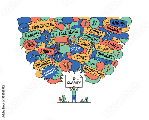 Person holding sign with clarity amidst chaotic speech bubbles of online noise