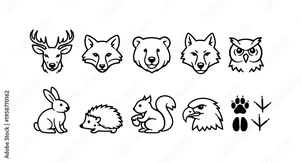Fototapeta premium Collection of stylized forest animal icons and tracks on a white background