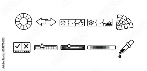 Collection of simple icons representing color theory and interface controls
