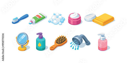 Collection of isometric bathroom hygiene and skincare items for personal care routines