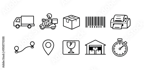 Collection of simple line icons representing logistics and delivery services