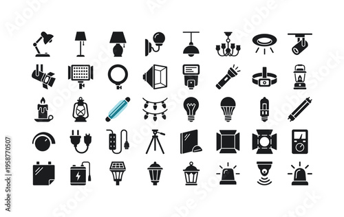 Collection of diverse lighting equipment icons for various applications