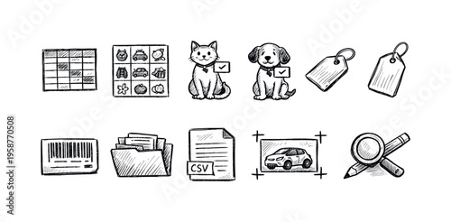 Collection of hand-drawn icons representing data, objects, and actions