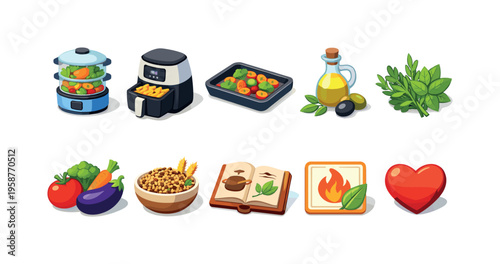 Healthy cooking icons collection with vegetables, appliances, and heart symbol