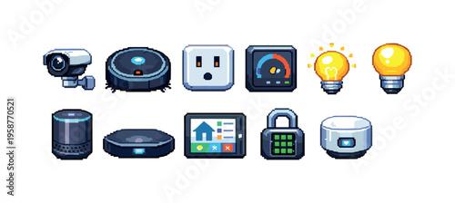Pixel art icons representing smart home devices and automation technology