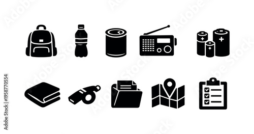 Collection of emergency preparedness icons including backpack, water, canned food, radio, batteries, and map