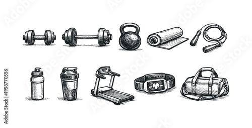 Collection of hand-drawn gym equipment icons for fitness and healthy lifestyle