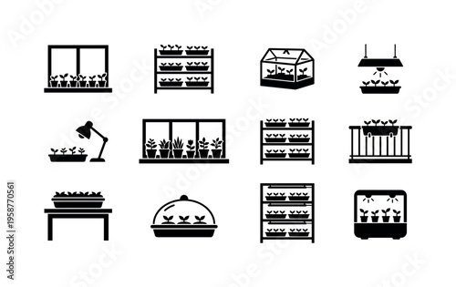 Collection of icons representing various indoor and outdoor seedling growing setups